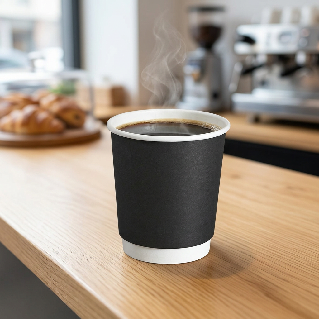 black coffee cup 8oz, lifestyle product photo