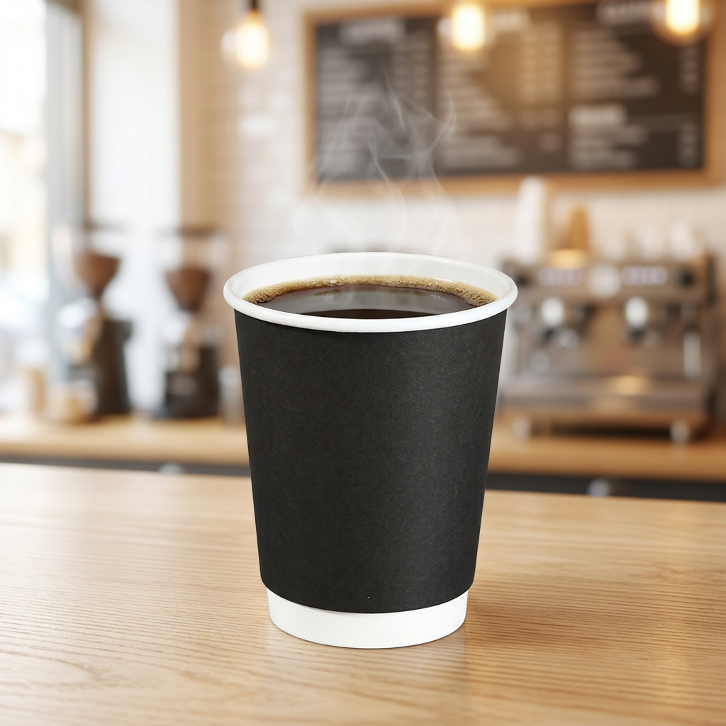 black coffee cup 12oz, lifestyle product photo