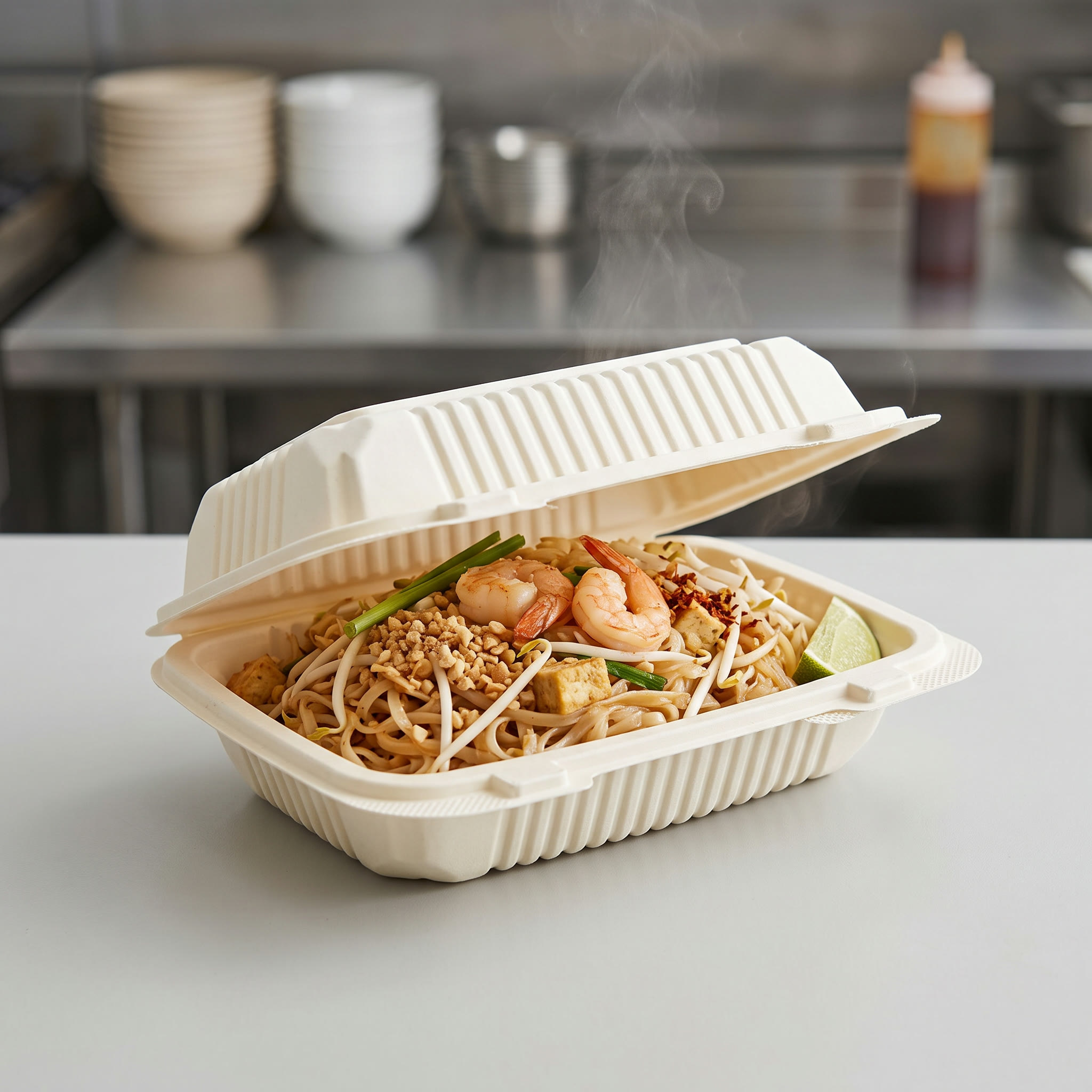 corn starch clamshell 1000ml, lifestyle product photo