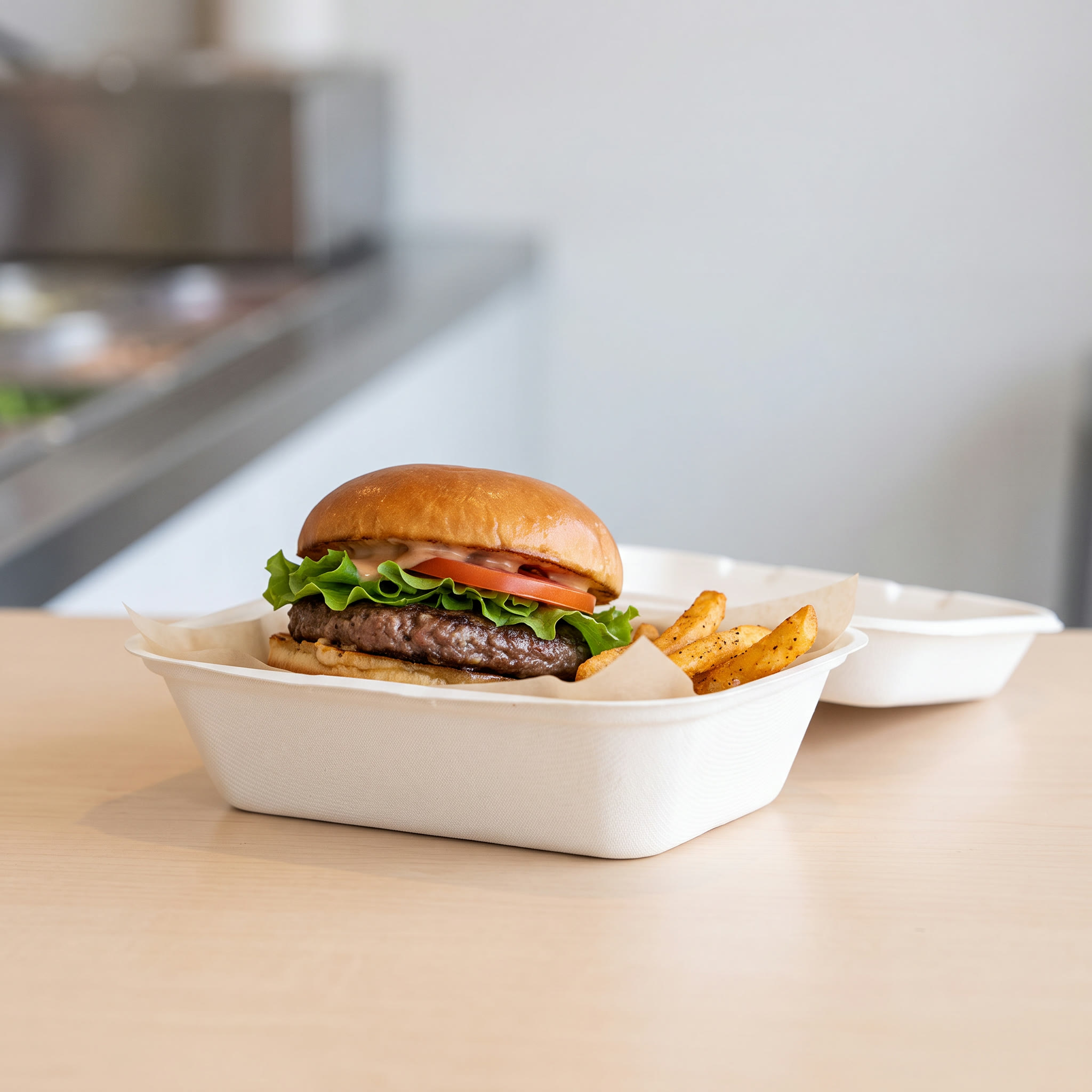 bagasse hinged container 600ml, lifestyle product photo