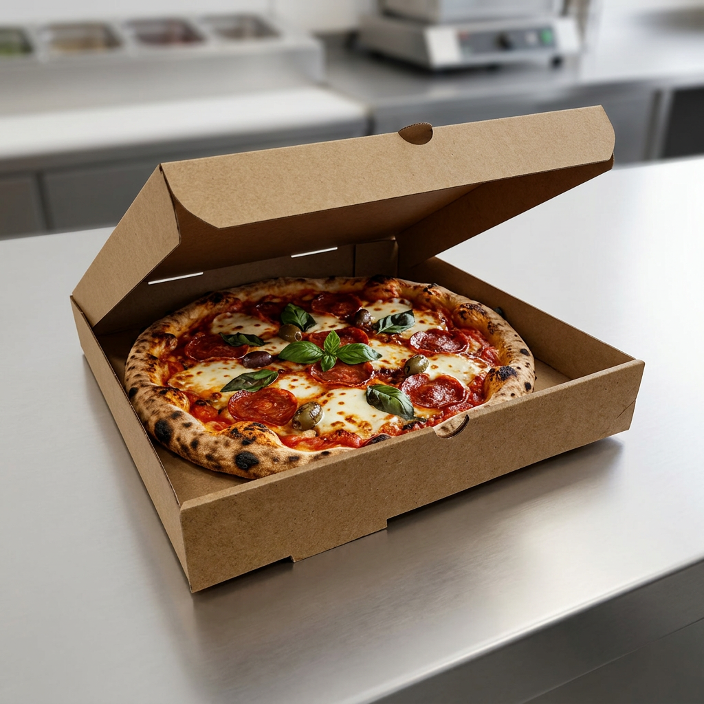 10 inch premium kraft paper pizza box, lifestyle product photo