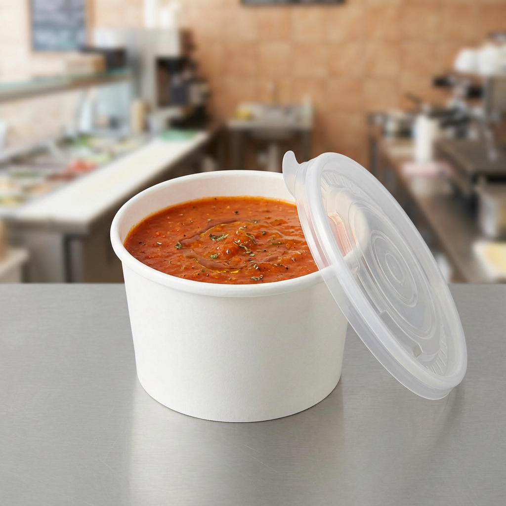 8oz white heavy duty paper container, lifestyle product photo