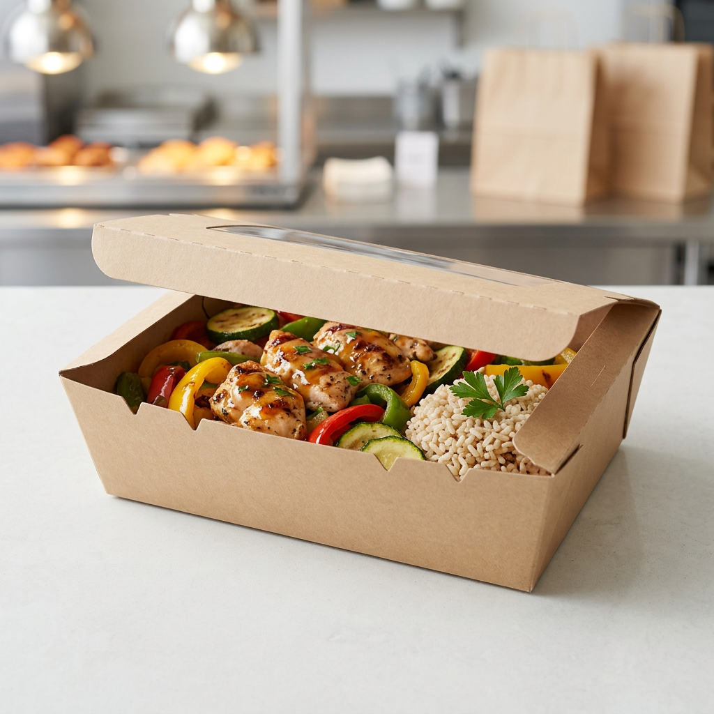 kraft paper takeaway box with window 900cc, lifestyle product photo